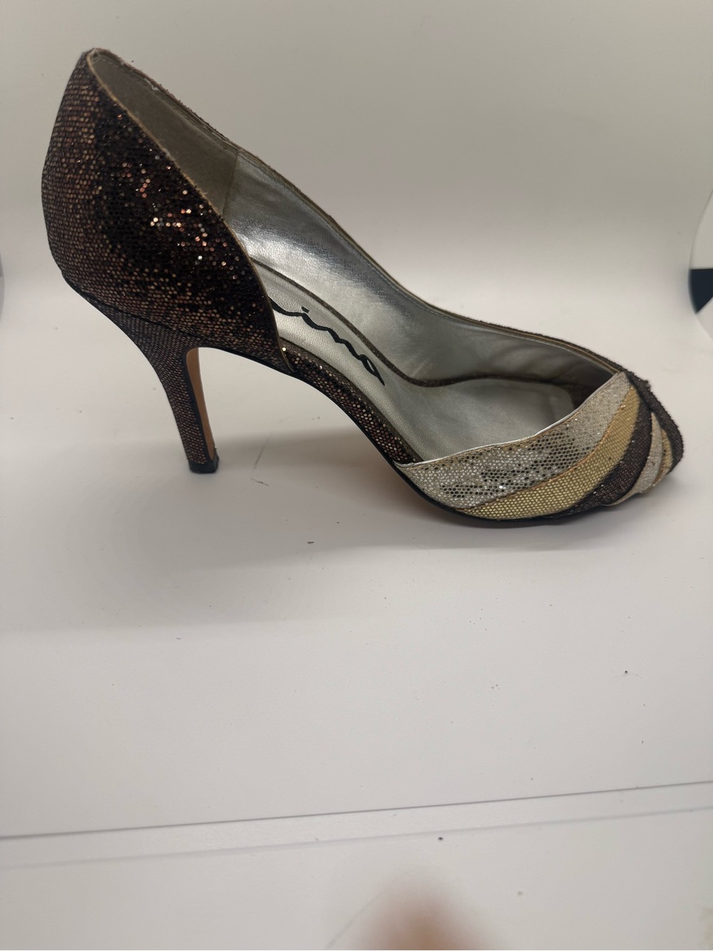 Nina Shoes Brown, Gold & Silver Glitter Peep-Toe Heels